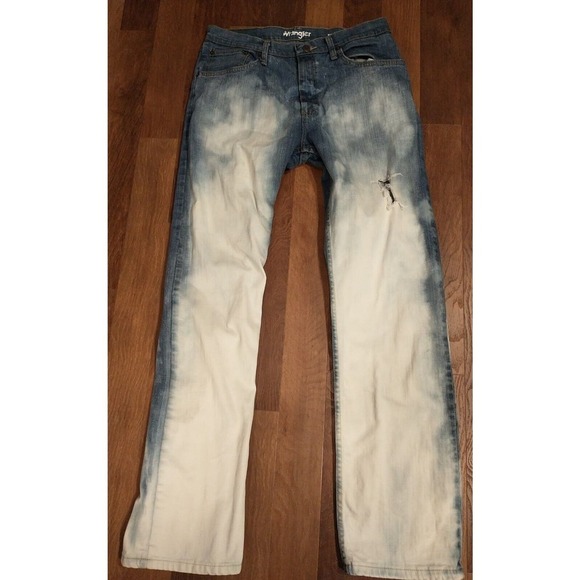 Wrangler Mens 32 x 32 Acid wash destroyed distressed White Blue Jeans Straight - Picture 1 of 5